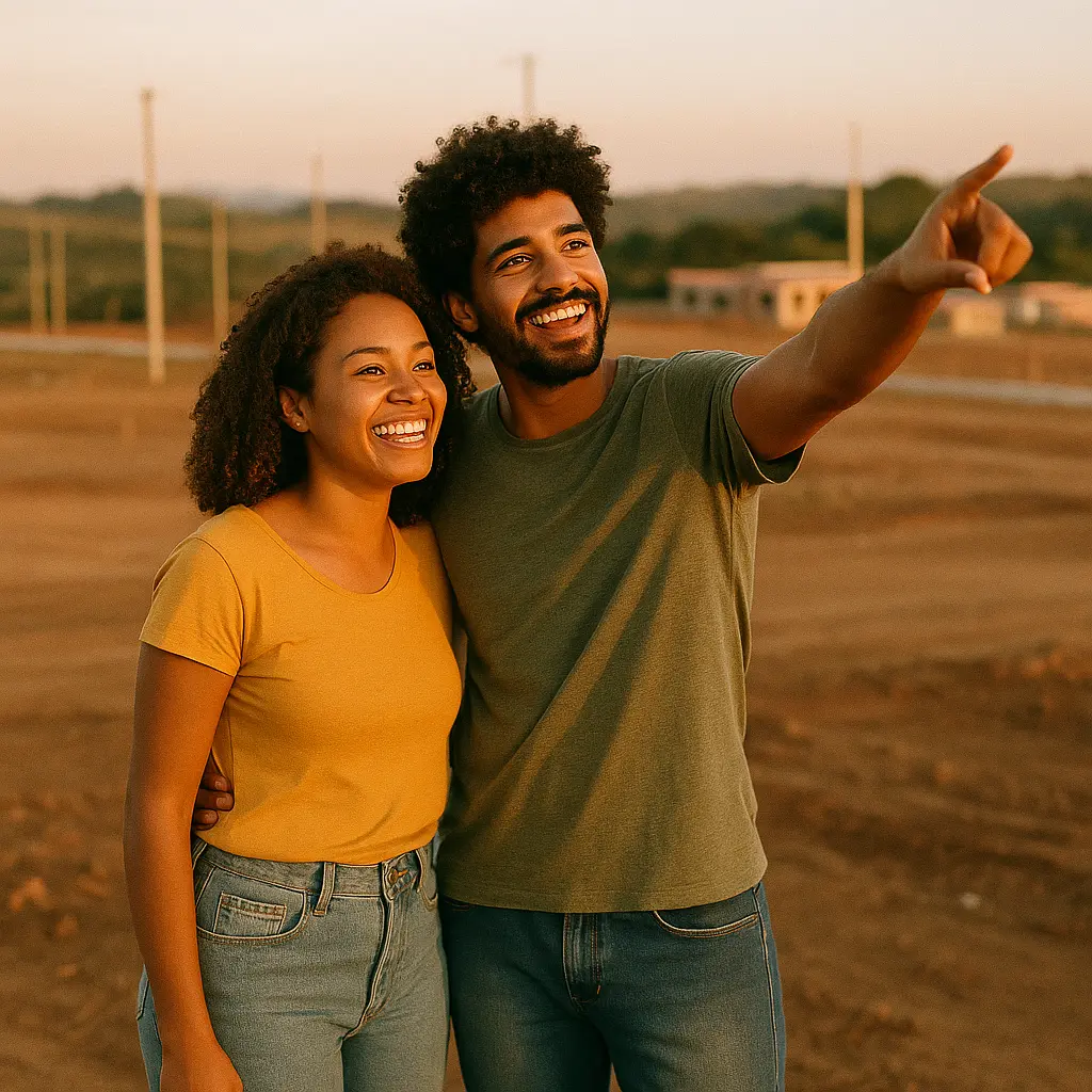 Casal feliz sonhando com o terreno próprio comprado em Araquari-SC